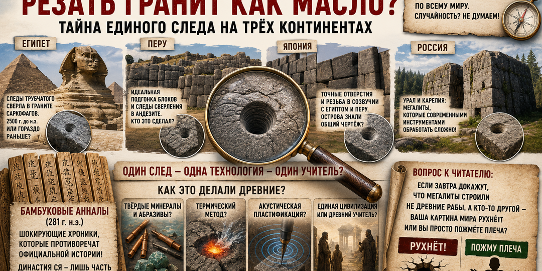 🏛️ Кто научил древних резать гранит как масло? Тайна единого следа на трёх континентах