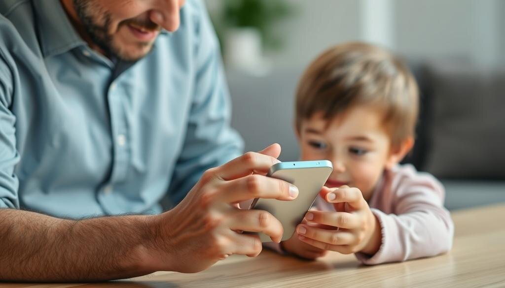    Родитель обучает ребенка безопасному использованию смартфона в домашней обстановке.