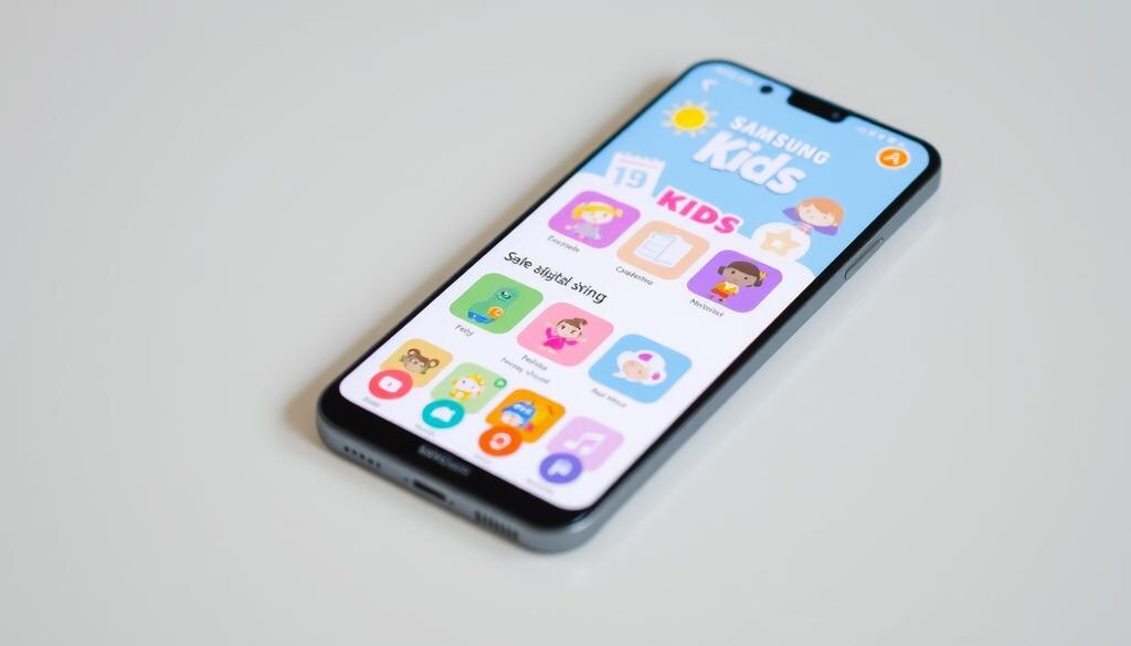    Смартфон с интерфейсом приложения Samsung Kids, на котором показаны яркие значки и детский контент.