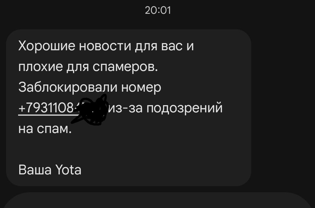 Скриншот СМС от оператора.