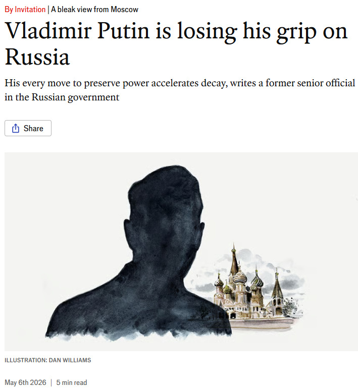 Автор: https://www.economist.com/by-invitation/2026/05/06/vladimir-putin-is-losing-his-grip-on-russia?fbclid=IwY2xjawRrn09leHRuA2FlbQIxMABicmlkETFGTXVWOUVENEU4alR6dlhOc3J0YwZhcHBfaWQQMjIyMDM5MTc4ODIwMDg5MgABHkDopBxFCgnWCkxRw-vfSssQaW_gCXpLQ23E8Npaf3fkI3KR8VD6FXdFTNnW_aem_ZhSBfBoqTzaB1s9Ug1xcoQ