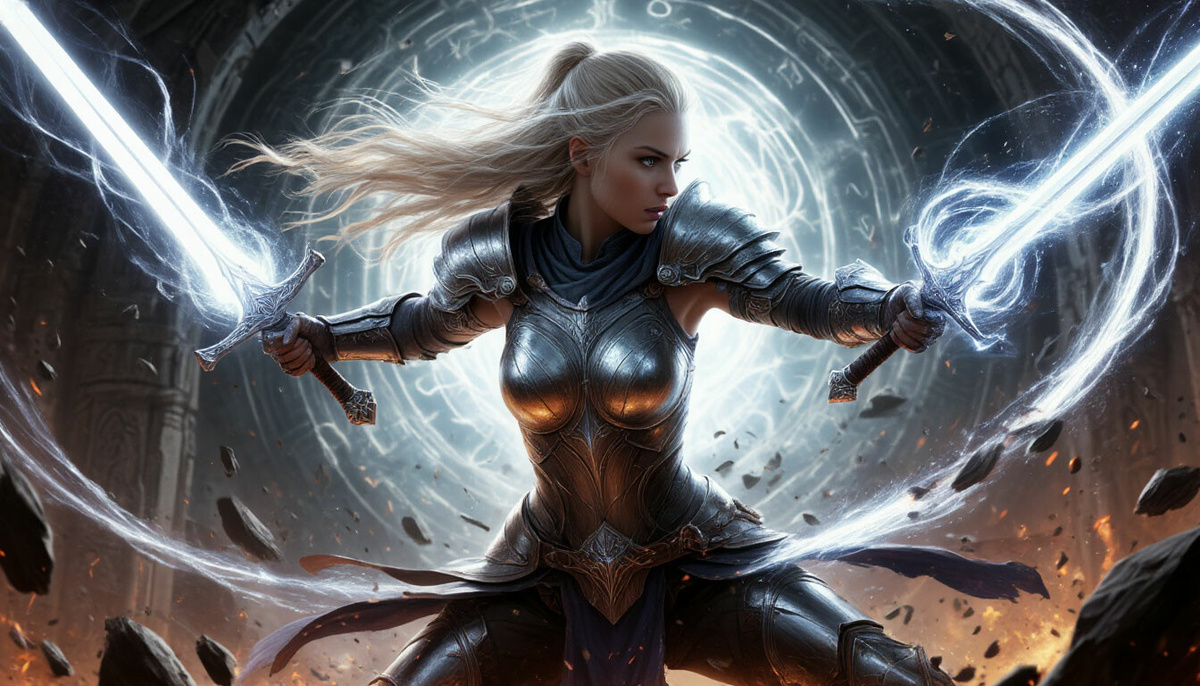Картина из открытых источников. "Warrior of light and darkness A female warrior in an epic battle With a shining  shedevrum.ai