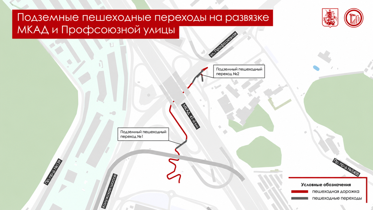 📷 1.1: Схема двух подземных пешеходных переходов на развязке МКАД и Профсоюзной улицы. Красным показана пешеходная дорожка, серым — подземные переходы.
