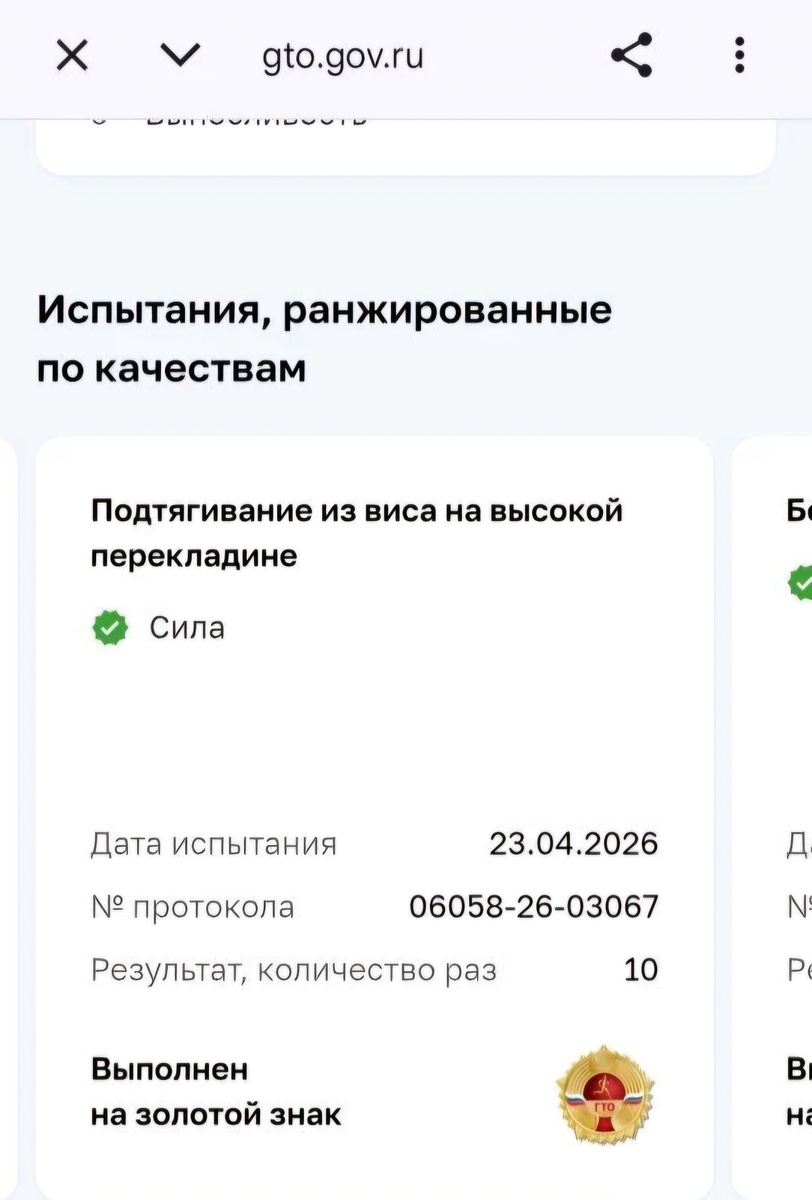 Фрагмент результатов сдачи ГТО на госуслугах.