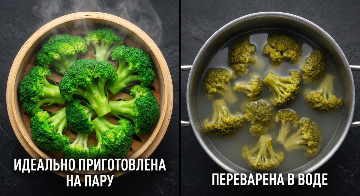 Слева — брокколи на пару: яркая, хрустящая, с сохранёнными витаминами. Справа — варёная в воде: цвет ушёл, витамины ушли вместе с ним. Цвет — это простой индикатор. Если овощ потускнел — витамины уже в воде