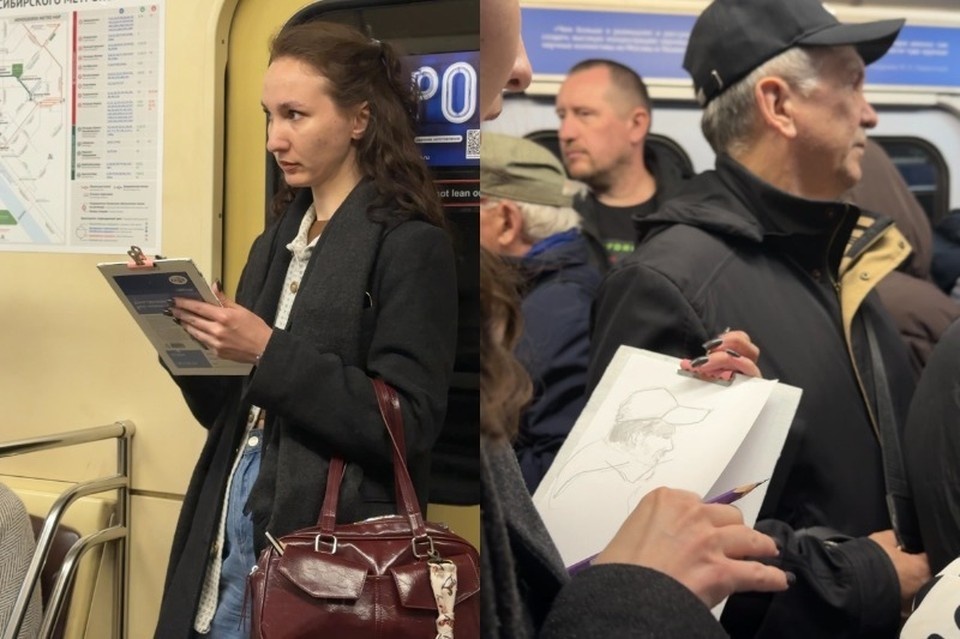    Дарья Багрий рисует пассажиров в метро. Фото: творческий клуб "Витраж"