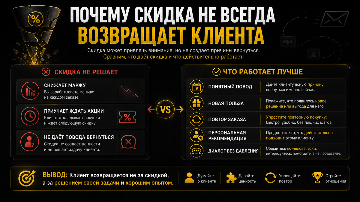 Клиент может не возвращаться не из-за цены, а из-за отсутствия повода и нормальной коммуникации