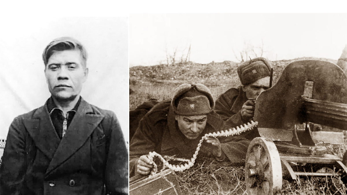 Николай Кудряшов, Герой Советского Союза, вскоре после Великой Отечественной (слева). Справа - расчет пулемета "Максим" ведет бой (архивные фото)
