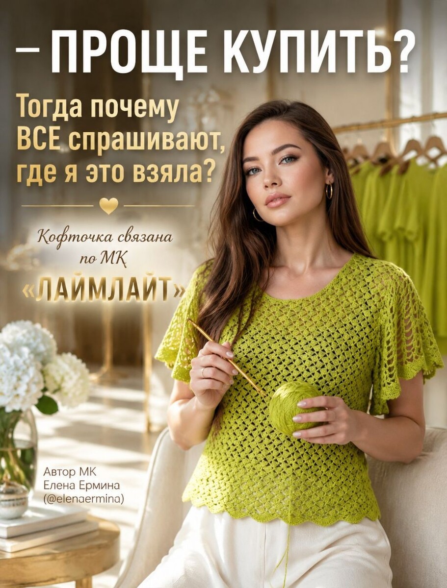 Фото автора МК "ЛАЙМЛАЙТ" Елена Ермина (@elenaermina). Готовая блузка ручной работы, связанная по обучающему курсу "ЛАЙМЛАЙТ" Елены Ерминой.