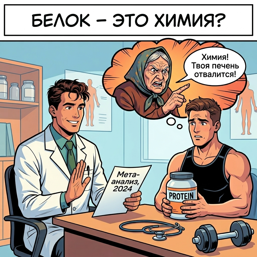 Представляю его бабушку, которая наверняка держит дома запасы йода и активированного угля на случай «химического отравления». Конфликт поколений в чистом виде. Сегодня на приёме — парень с банкой протеина и страхами.