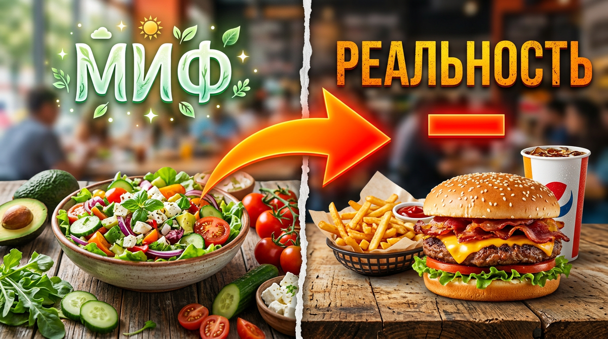 Креативное изображение: салат и фастфуд (бургер, картошка) противопоставлены как символы мифа и реальности, с яркой стрелкой или знаком «минус» на фоне.