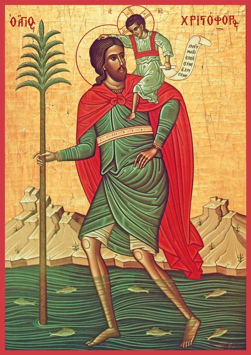 По легенде, жил в Риме великан по имени Репрев. Однажды маленький мальчик попросил Репрева помочь ему перебраться через реку. Посреди реки ребенок стал настолько тяжёл, что великан испугался, как бы они оба не утонули. Мальчик сказал ему, что он — Христос и несёт с собой все тяготы мира. Затем Иисус крестил Репрева в реке, и тот получил своё новое имя — Христофор, «несущий Христа».
