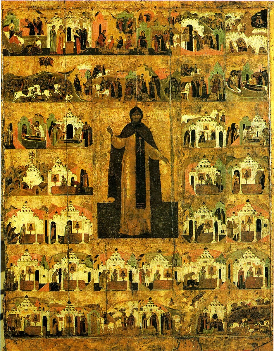 Александр Невский с житием. Русская икона, до 1917 года. Public domain.