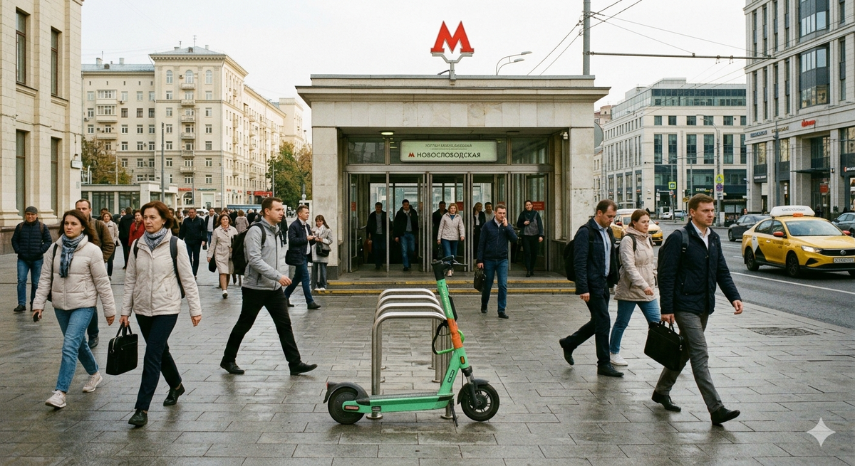 Самокат у метро в утренний час пик — самый популярный сценарий использования в Москве.