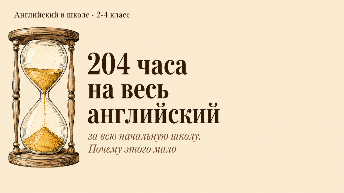 По Федеральной рабочей программе Минпросвещения английский в начальной школе идёт 2 часа в неделю — это 68 часов в год и 204 часа за всё время со 2 по 4 класс. В этот норматив должны уложиться вся базовая грамматика, чтение, говорение и около 500 слов лексики.