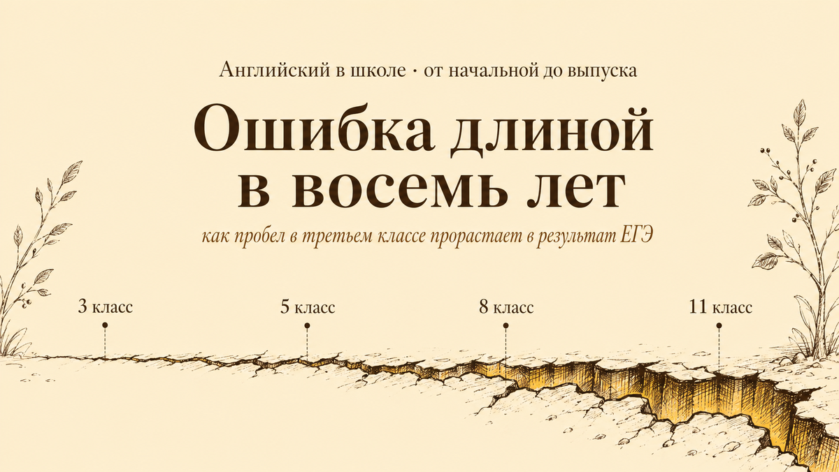 Ошибка, впервые появившаяся в третьем классе, доезжает до ЕГЭ в одиннадцатом — это восемь лет, в течение которых её никто прицельно не закрывает. Часть ошибок, которые ФИПИ из года в год отмечает на ЕГЭ (третье лицо в Present Simple, артикли, порядок слов в вопросе), впервые появляется у ребёнка именно в 2–4 классе.