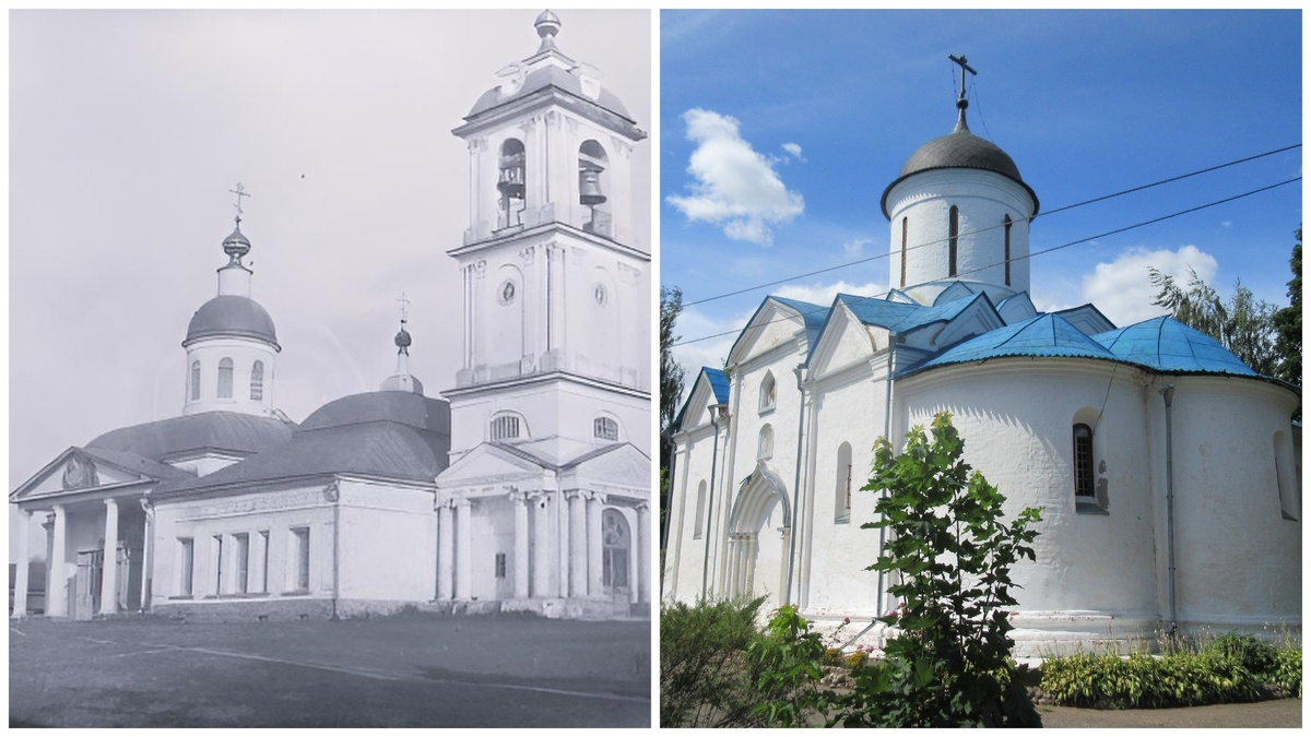 Слева дореволюционное фото Успенской церкви из собрания музея им. Щусева.