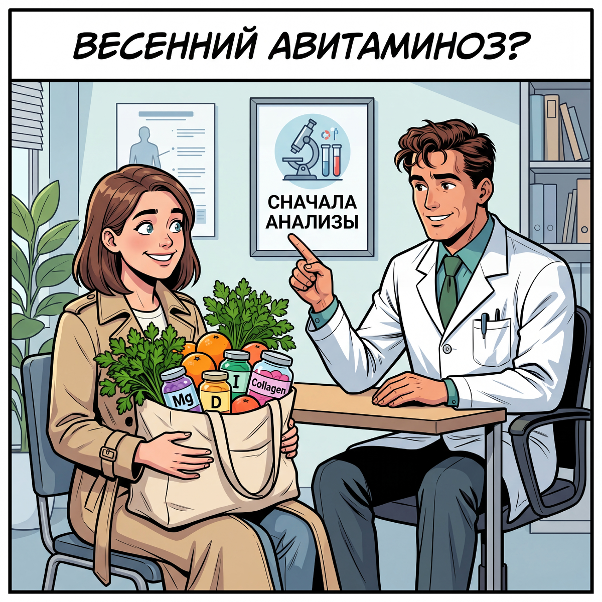 В кабинет вплывает девушка с огромной сумкой, из которой торчат пучки зелени и баночки с магнием, йодом и коллагеном. «Я подготовилась», — говорит она победно. Сегодня разбираем сразу пять мифов: от весеннего авитаминоза до синтетических витаминов.