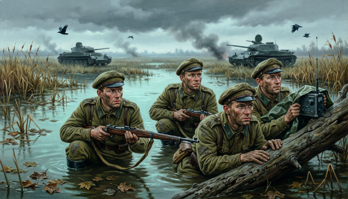 Июнь 1941 года. Лейтенант Фёдор Щербаков встречает войну под Брестом. Ему суждено пройти путь от первого отступления до победного штурма Берлина. В составе разведки он попадает в адское окружение, где единственным шансом выжить становится болотная топь: разведчики часами лежат в ледяной жиже, дыша через камышовые трубочки. Они теряют друзей, но не теряют веры. А наверху — Сталин, Верховный Главнокомандующий, который в самые страшные дни не покидает Москву и руководит операциями, переламывая ход войны. Эта повесть — о простых солдатах, закрывающих грудью амбразуры, о санинструкторе Зое, вытащившей из-под пуль 47 раненых, и о последнем рывке к Рейхстагу, где взвивается Красное знамя. Это рассказ о том, как Советская Армия освободила мир от коричневой чумы, как гремел Парад Победы на Красной площади и что чувствовал человек, переживший всё это. Помним. Гордимся. Никогда не забудем.