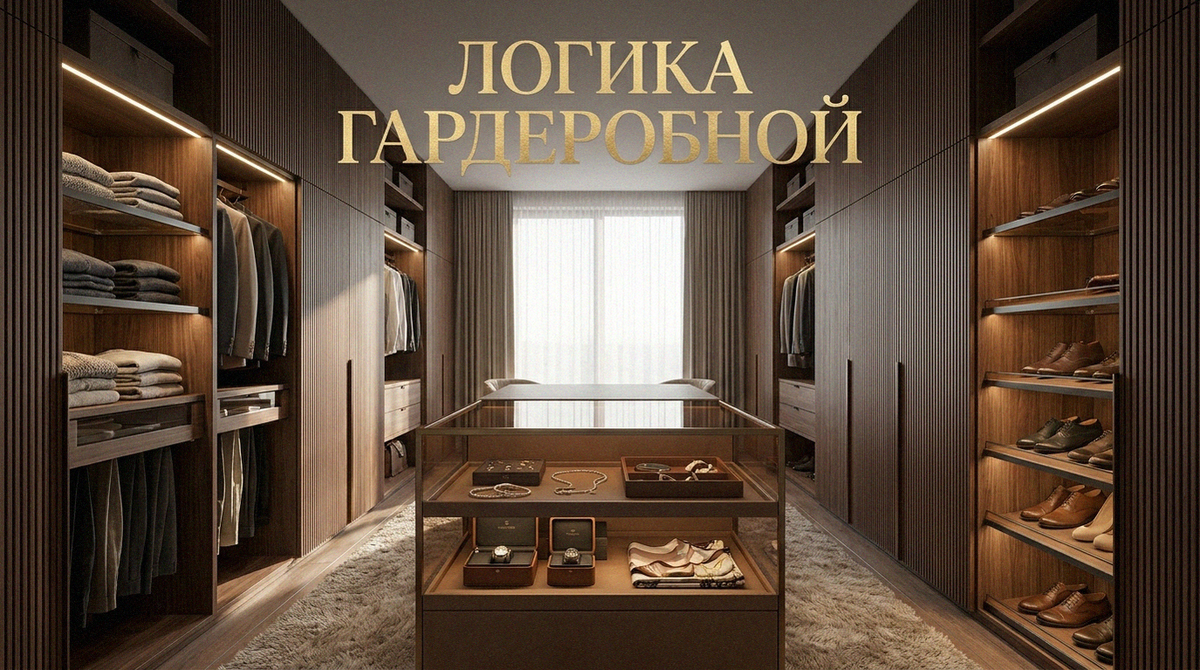 Гардеробная комната с продуманным хранением, подсветкой и закрытыми фасадами.