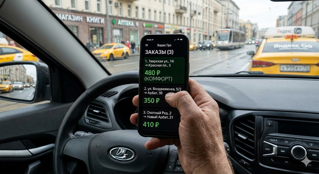 Приложение Taxsee Driver с открытыми заказами и точкой Б