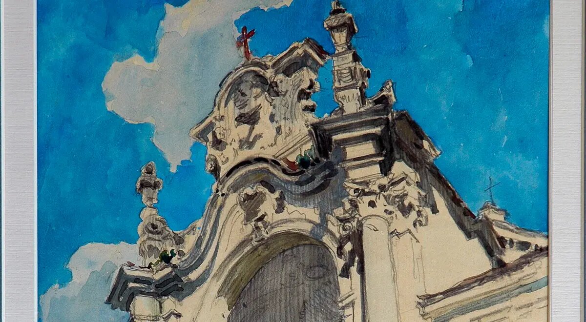Бенуа А.Н. Церковь в Кампионе.  1896-1907 г. Бумага, карандаш, акварель, 44.5х28.5