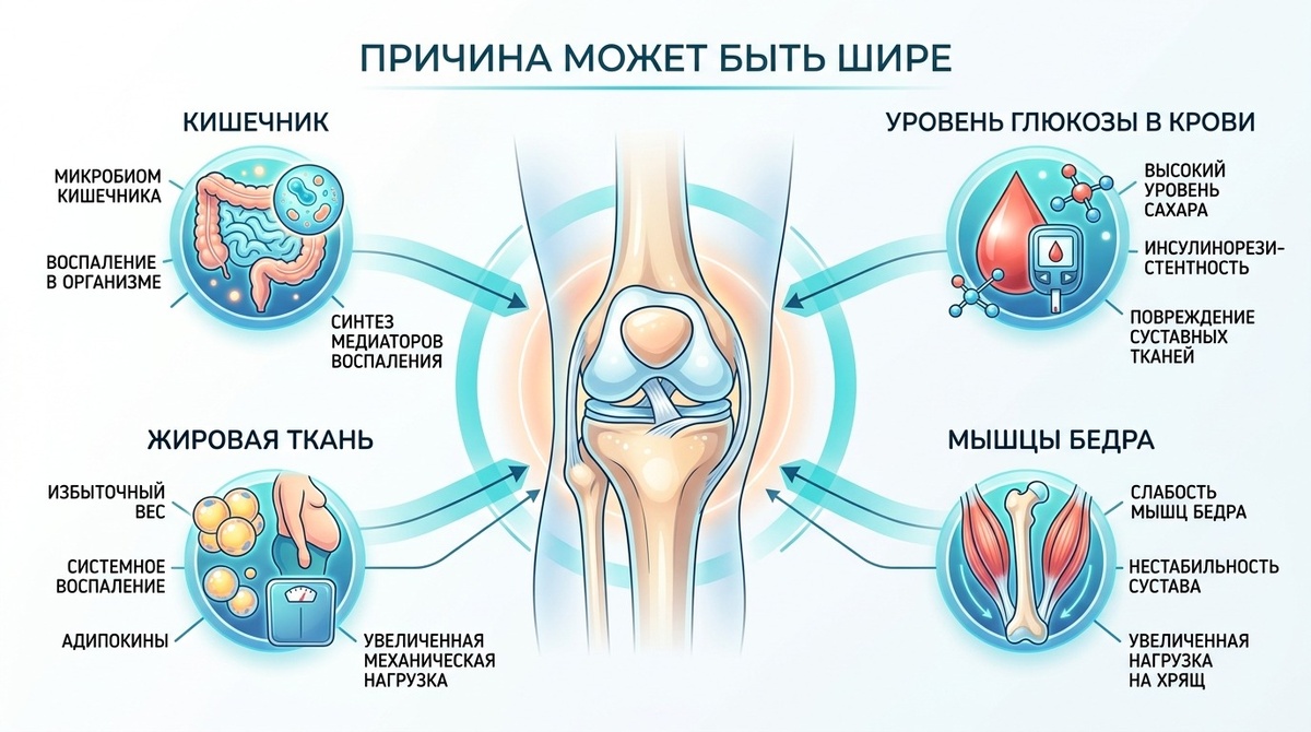 только снять боль, но оставить лишний вес, слабые мышцы, плохую переносимость нагрузки и неконтролируемый сахар, сустав продолжит страдать