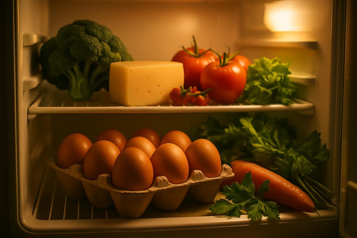открытый холодильник с простыми свежими продуктами для приготовления ужина