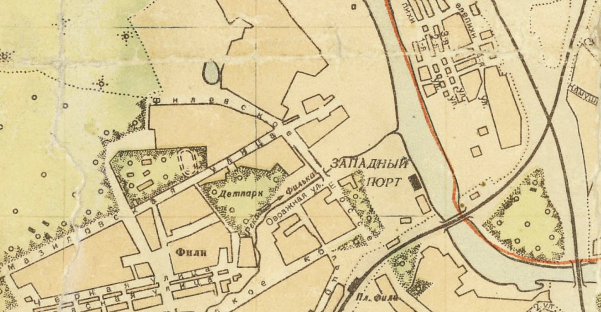 Карта местности 1940 года без моста. С сайта www.retromap.ru.