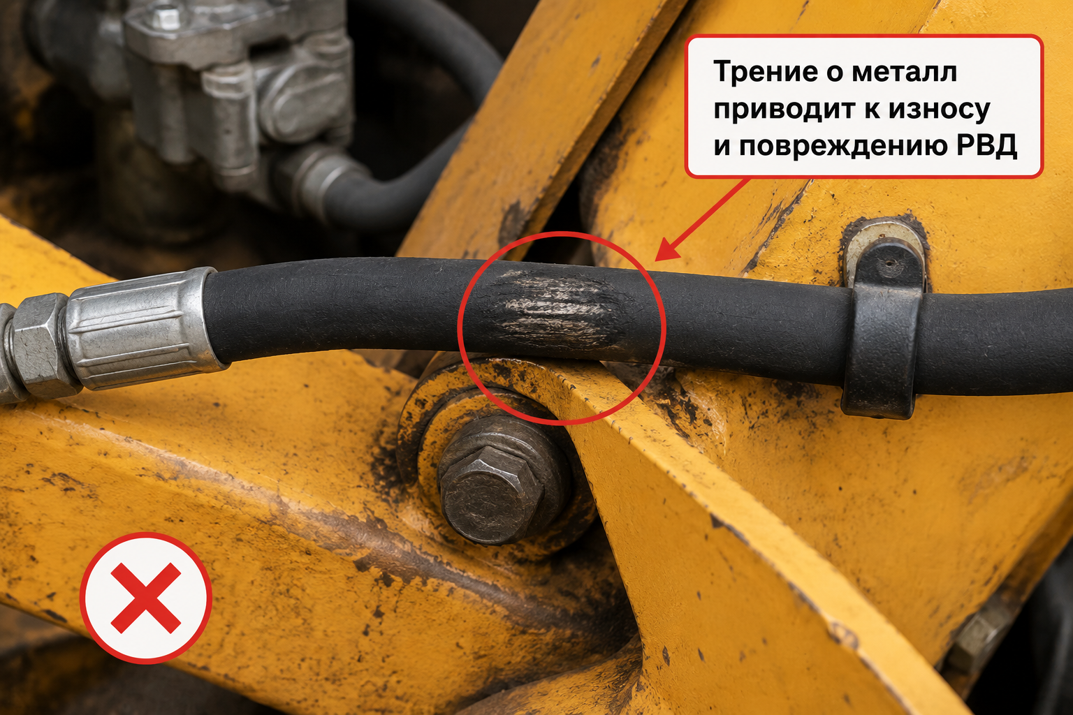Повреждение РВД из-за трения о металлические детали техники