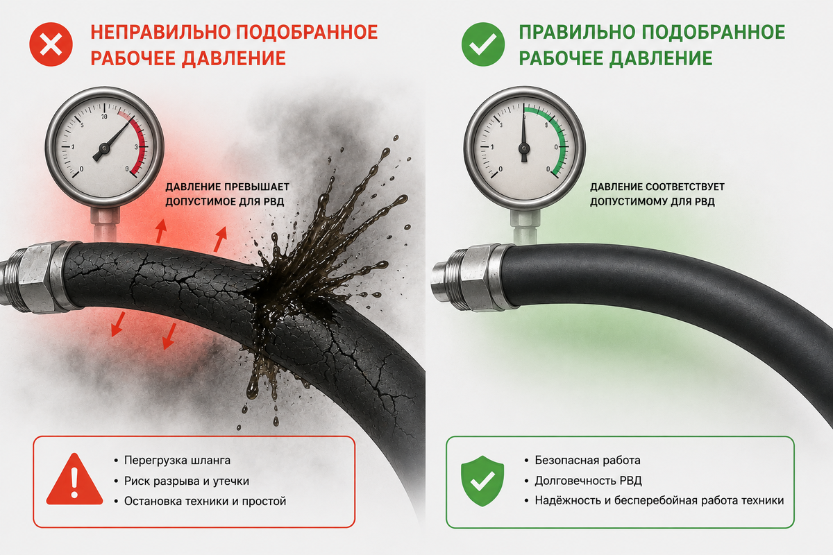 Неправильно подобранное рабочее давление приводит к перегрузке РВД, утечкам и преждевременному разрыву шланга.