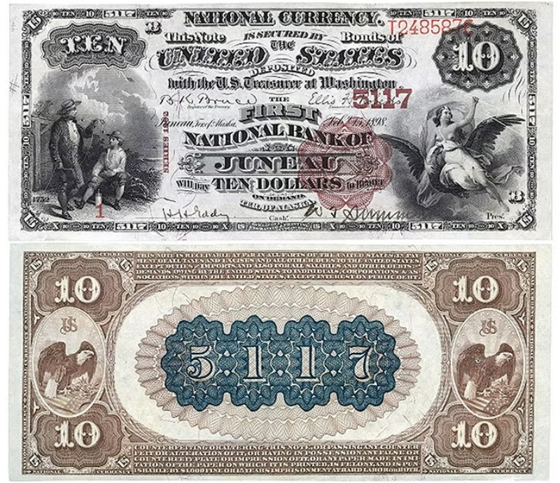 Купуюра 10 долларов 1882 г. Первого нацинального банка Джуно.