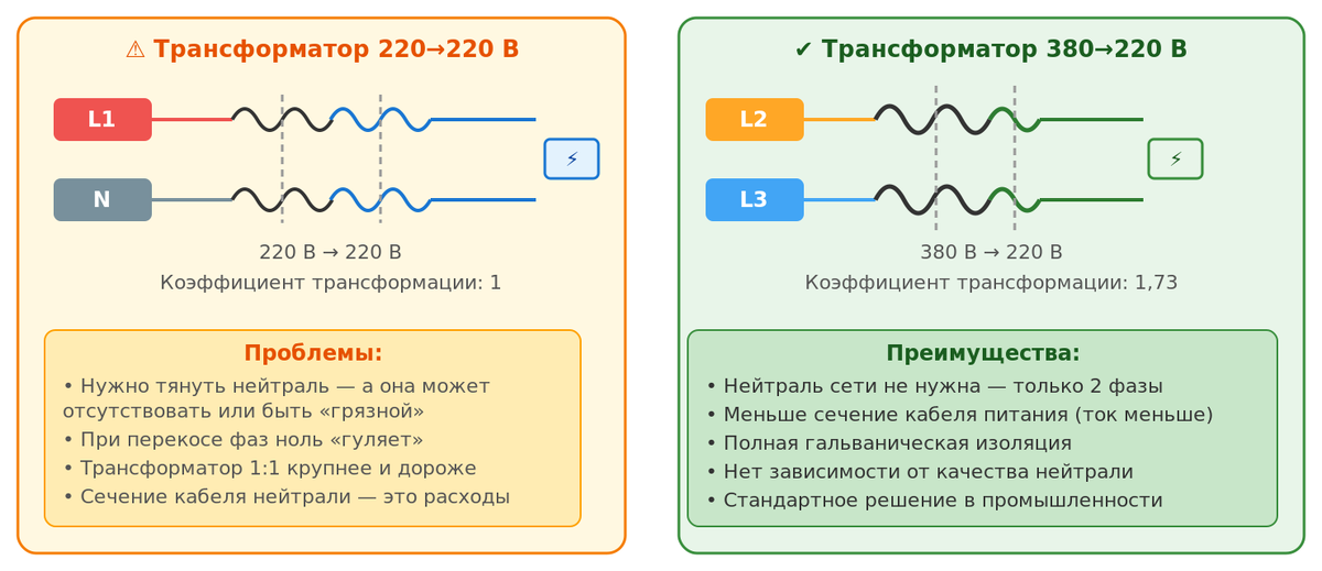Две схемы питания через трансформатор. Вариант с двумя фазами не требует нейтрали и обеспечивает полную изоляцию.