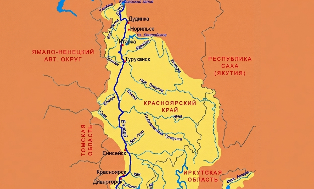 Схема бассейна реки Енисей. Абалаково находится на реке чуть ниже Енисейска. Автор изображения: А.В. Сафронов. Источник: ru.wikipedia.org. Лицензия: CC BY-SA 3.0