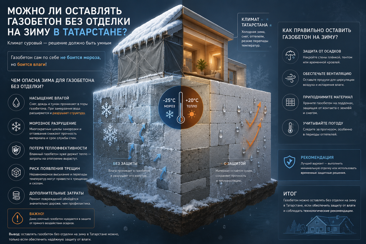 Можно ли оставлять газобетон без отделки на зиму в Татарстане: честный ответ дилера Тулпар