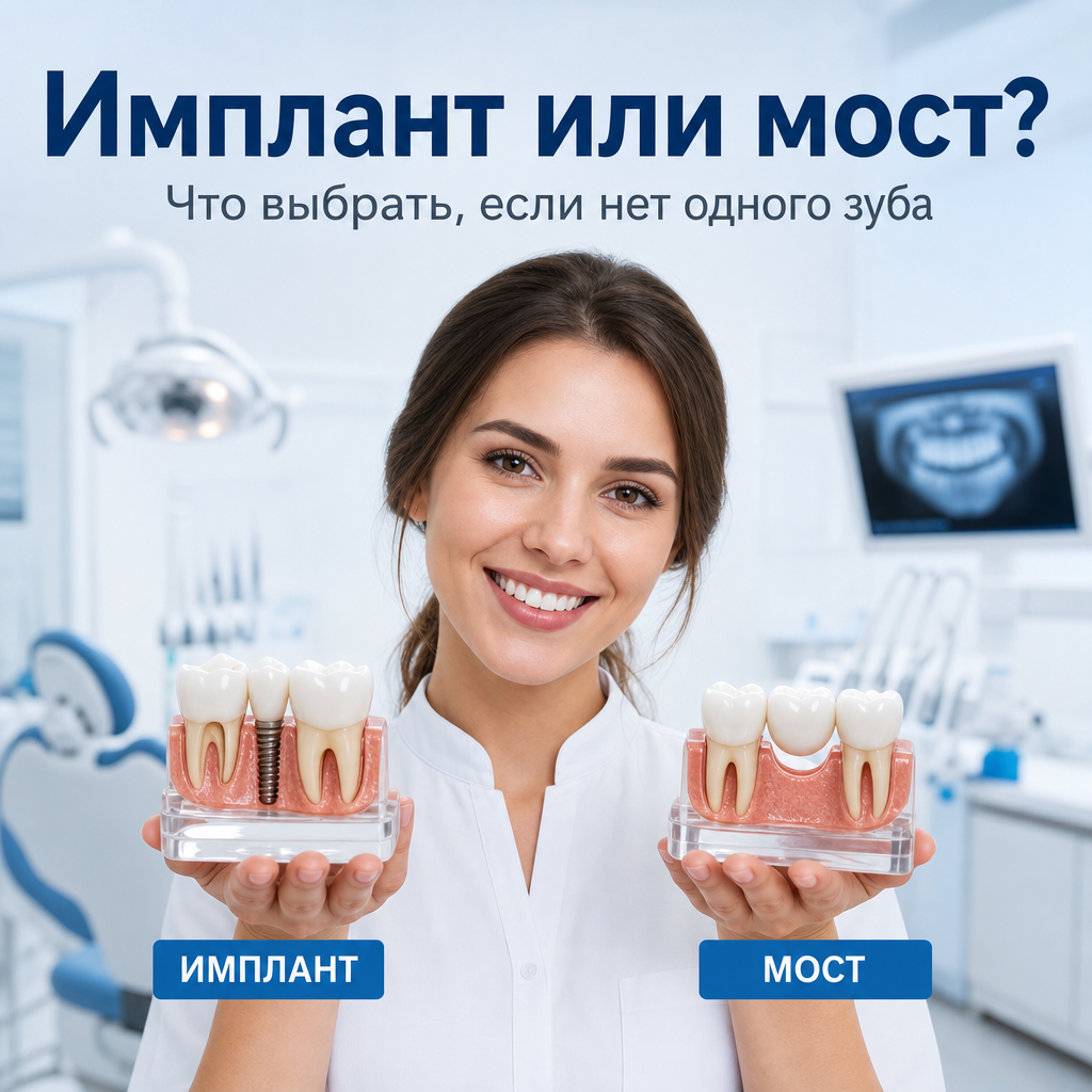 Один потерянный зуб можно восстановить по-разному: имплантом или мостом. Но у каждого варианта есть свои плюсы и ограничения.