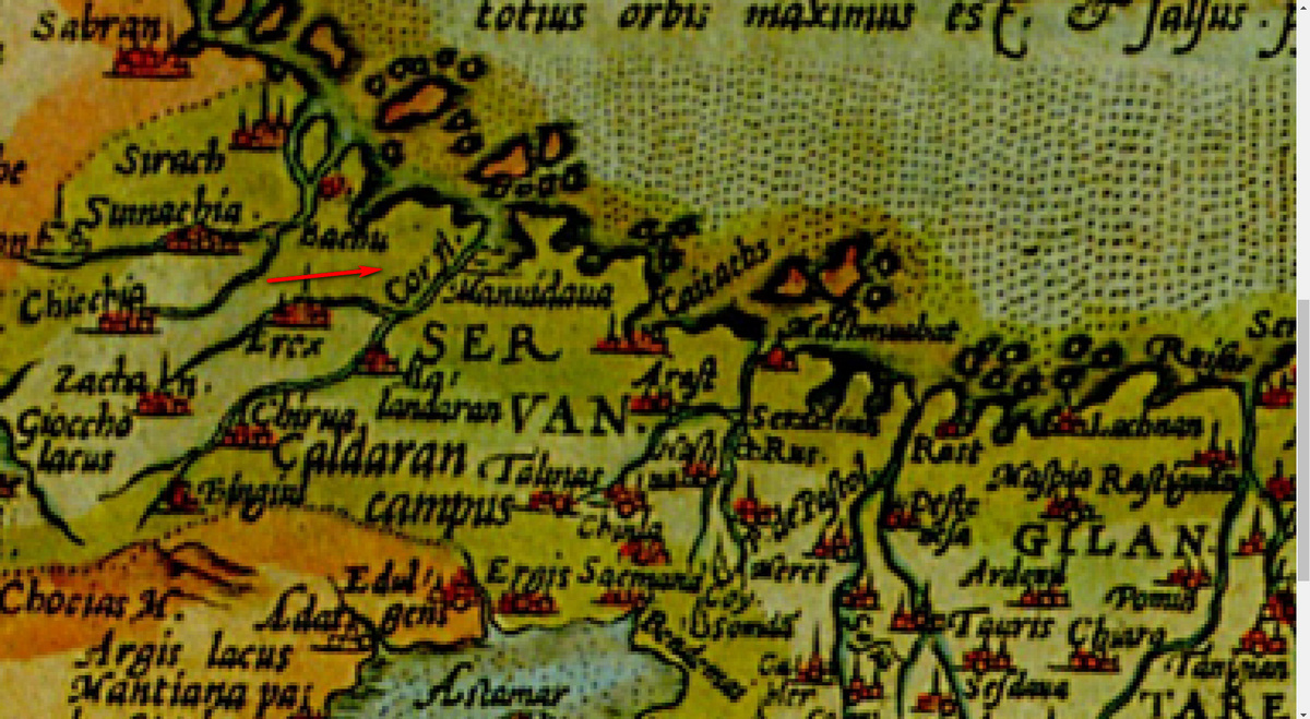 Река Кура_Persici Sive Sopho Rvm Regni Typvs. The Ortelius map of Persia, Antwerp, 1570.