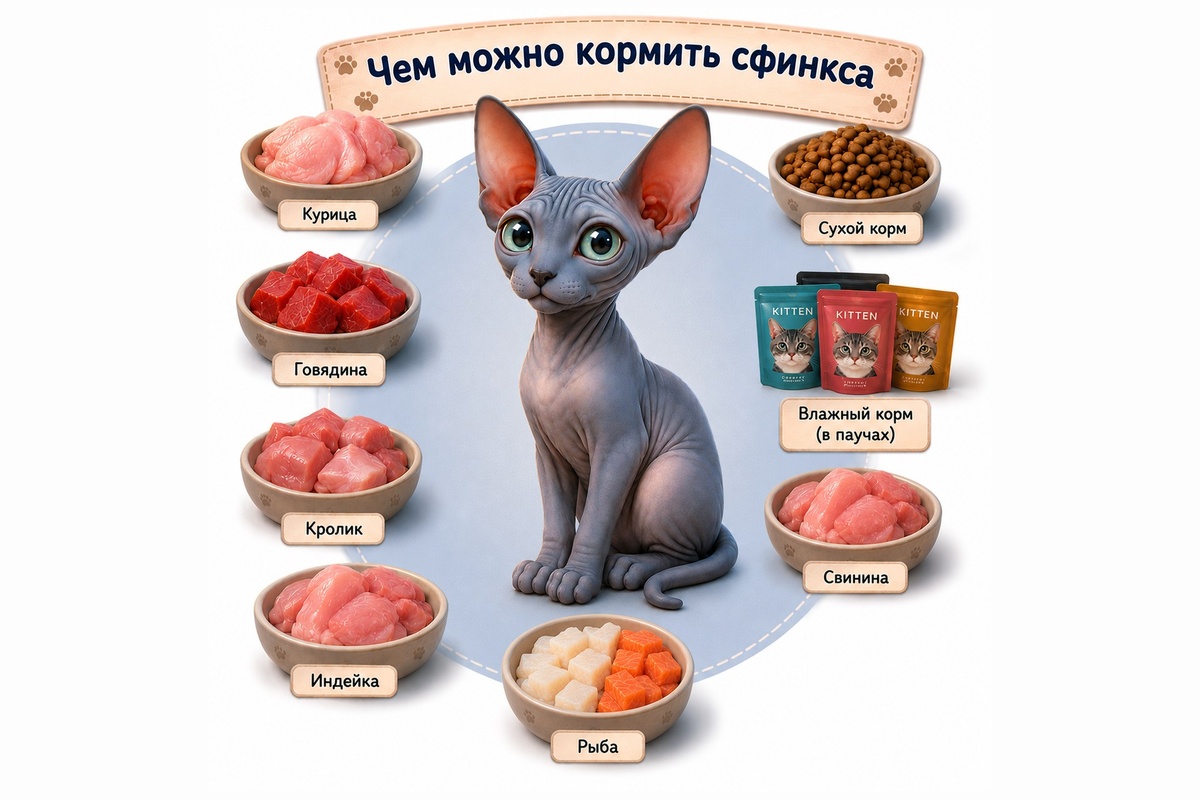 Варианты рациона для сфинкса: промышленный сухой и влажный корма, натуралка - мясо, птица, рыба