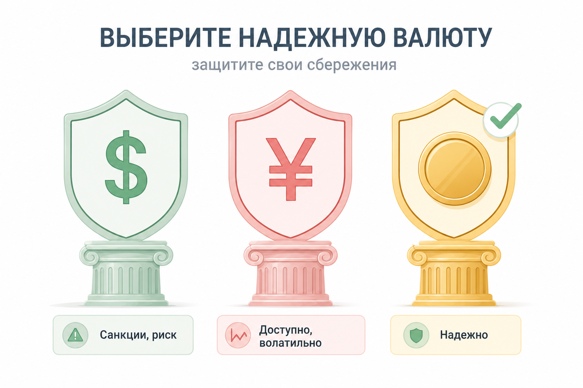 Доллар, юань, золото. У каждого свои плюсы и минусы. Выбирайте под свои цели.