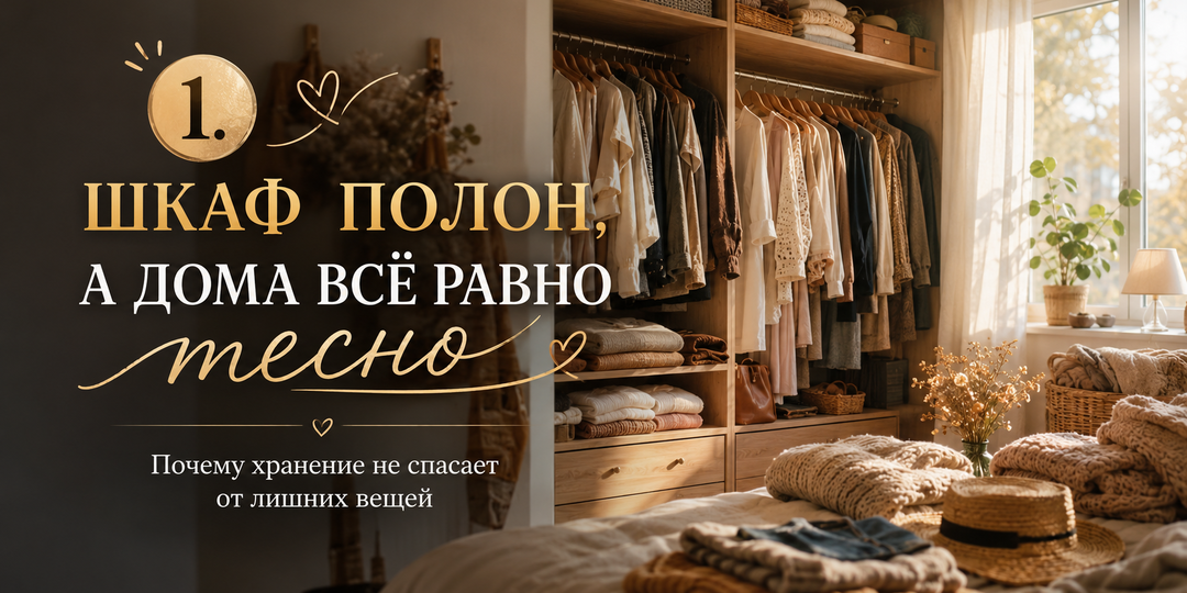 🧥 Шкаф полон, а дома всё равно тесно. Почему хранение не спасает от лишних вещей