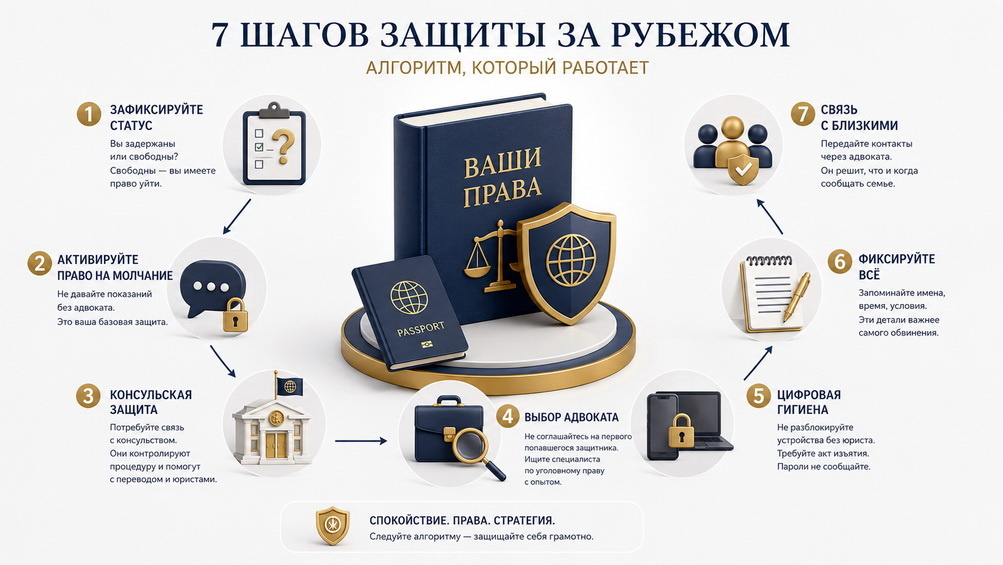 Пошаговый алгоритм для иностранцев при задержании за границей. Как сохранить права, выбрать адвоката и избежать типичных ошибок в чужой юрисдикции.
