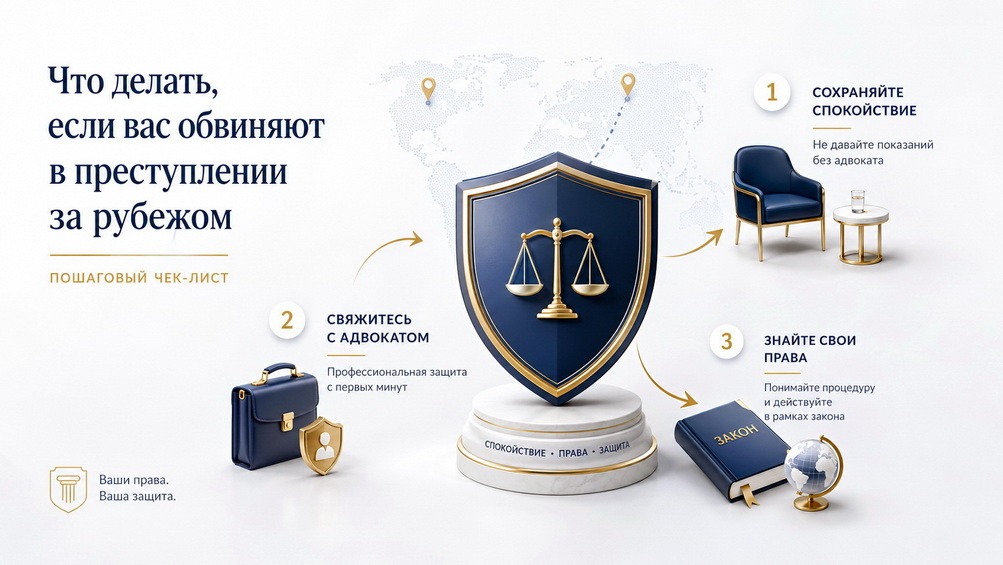Пошаговый чек-лист для иностранцев при обвинении в преступлении за рубежом. Как защитить свои права, вызвать адвоката и не совершить критических ошибок.