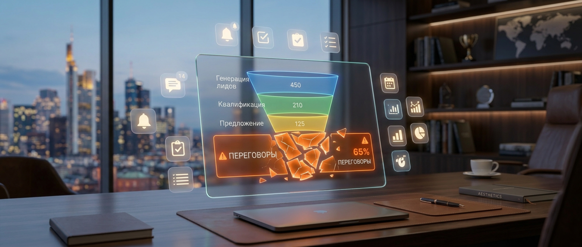 3D-визуализация воронки продаж с акцентом на этапе переговоров, где происходит основная потеря клиентов.