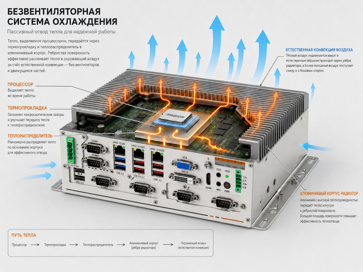 Корпус работает как радиатор, отводя тепло без механического вентилятора