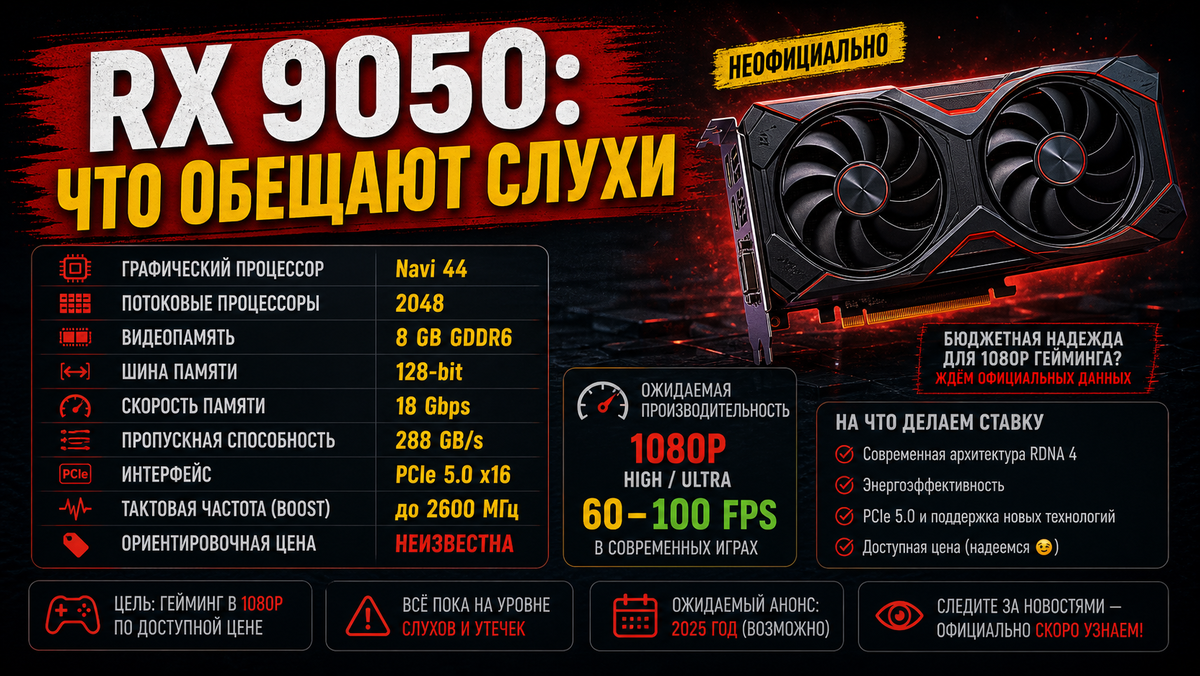 По слухам, RX 9050 получит 8 ГБ GDDR6 и 2048 потоковых процессоров. Главное слово — “по слухам”.