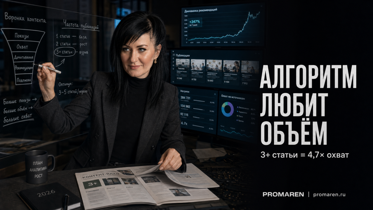    Алгоритмы Дзена 2026: частота публикаций растит охваты | Марина Погодина, PROMAREN Марина Погодина
