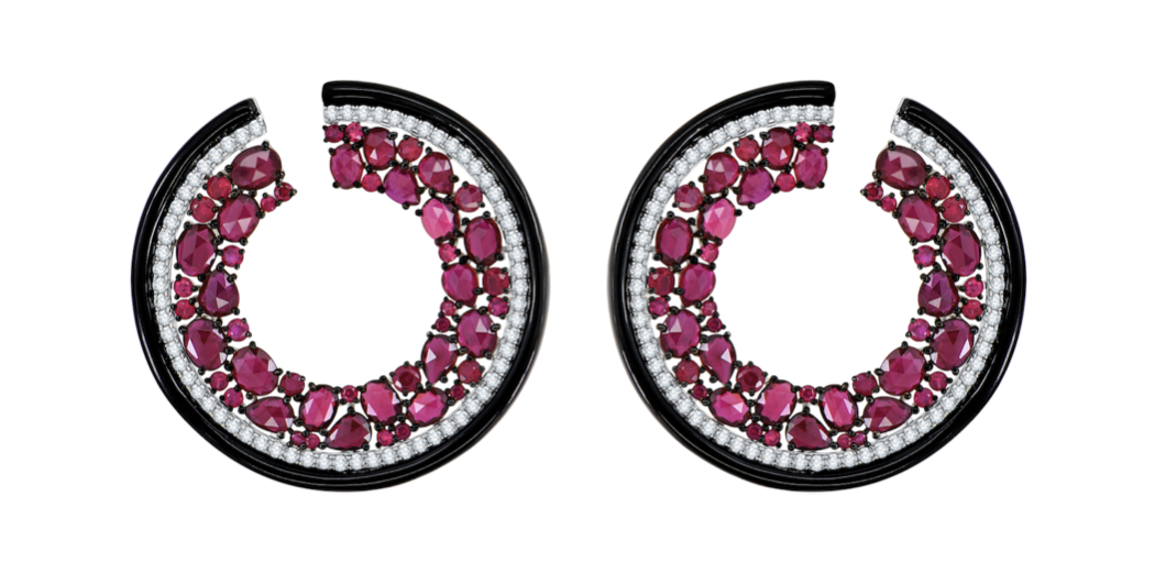     Серьги, золото, рубины, бриллианты, родиевое покрытие, Sutra Jewels