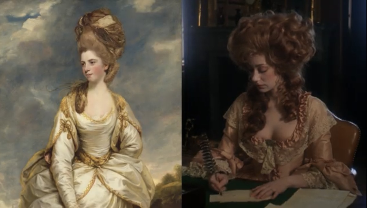 С лева картина Джошуа Рейнолдса Селина, леди Скипвит 1787 . С права кадр из фильма «Барри Линдон» 