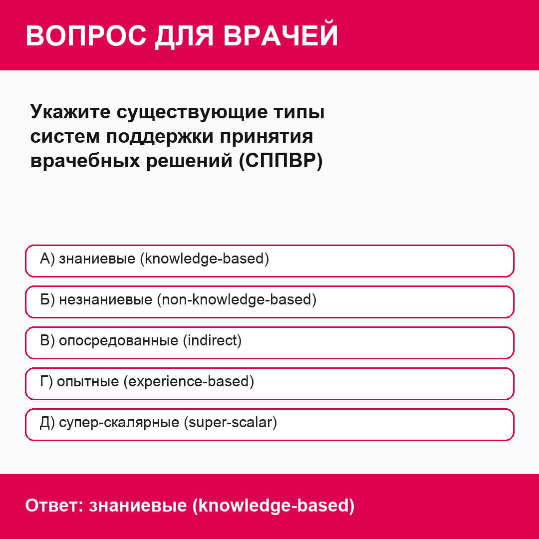 Укажите существующие типы систем поддержки принятия врачебных решений (СППВР)
