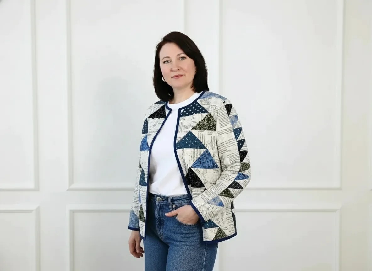 На фото – куртка, на примере которой мы будем показывать шитьё лоскутного полотна, стёжку, сборку. Успевайте! 💜
